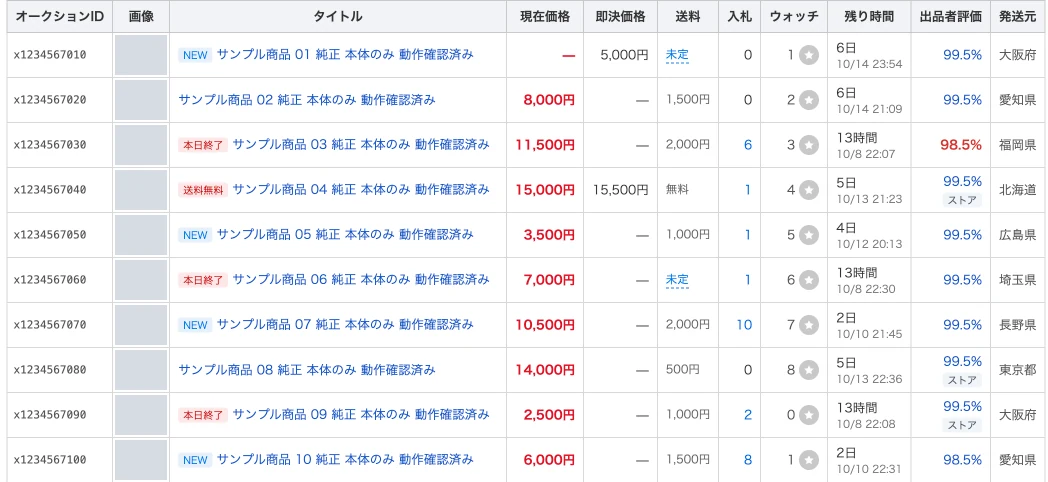 コンパクト表示の検索結果。オークションID・画像・タイトル・現在価格・即決価格・送料・入札・ウォッチ・残り時間・出品者評価・発送元が1行ずつ並ぶ表