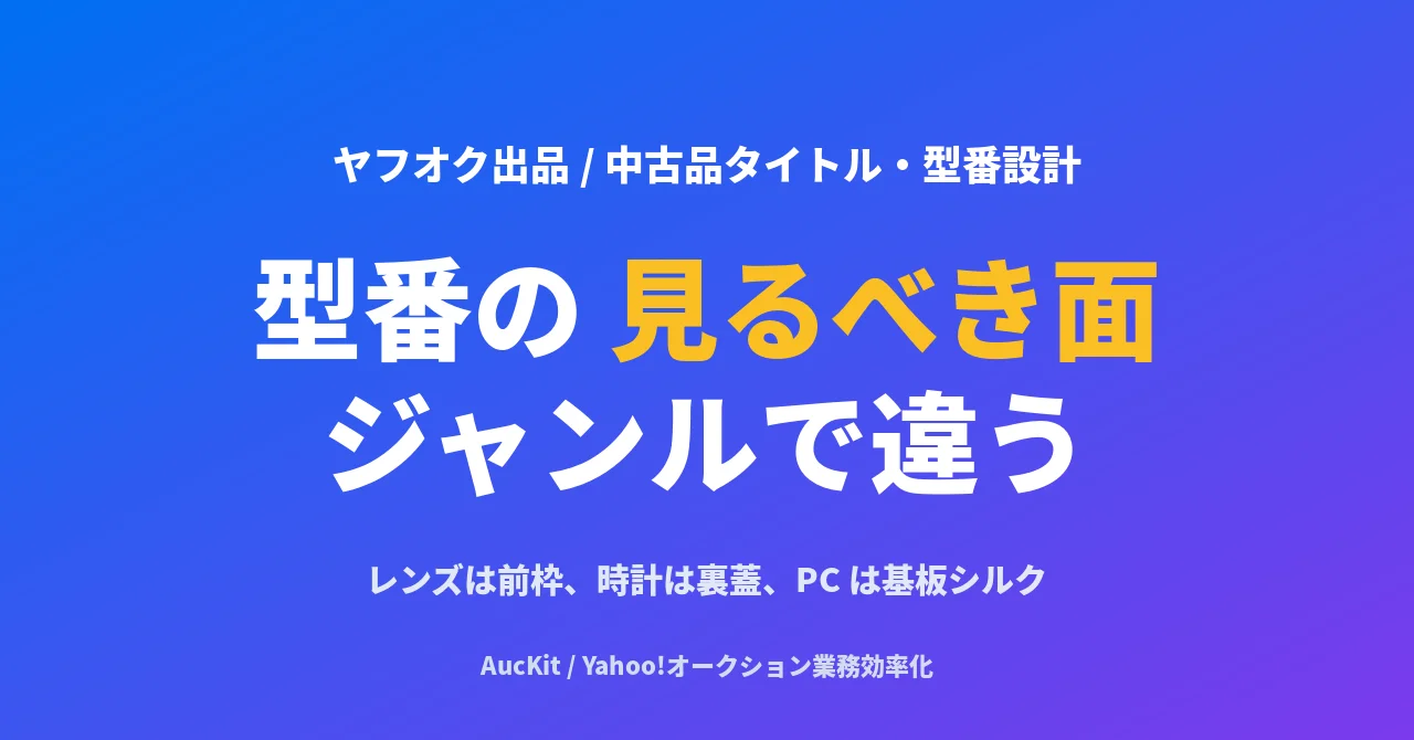 中古品ジャンル別「タイトルに必ず入れる型番」の場所と読み取り方 ── レンズ・時計・カメラ・自動車部品・PC パーツで違う "見るべき面"